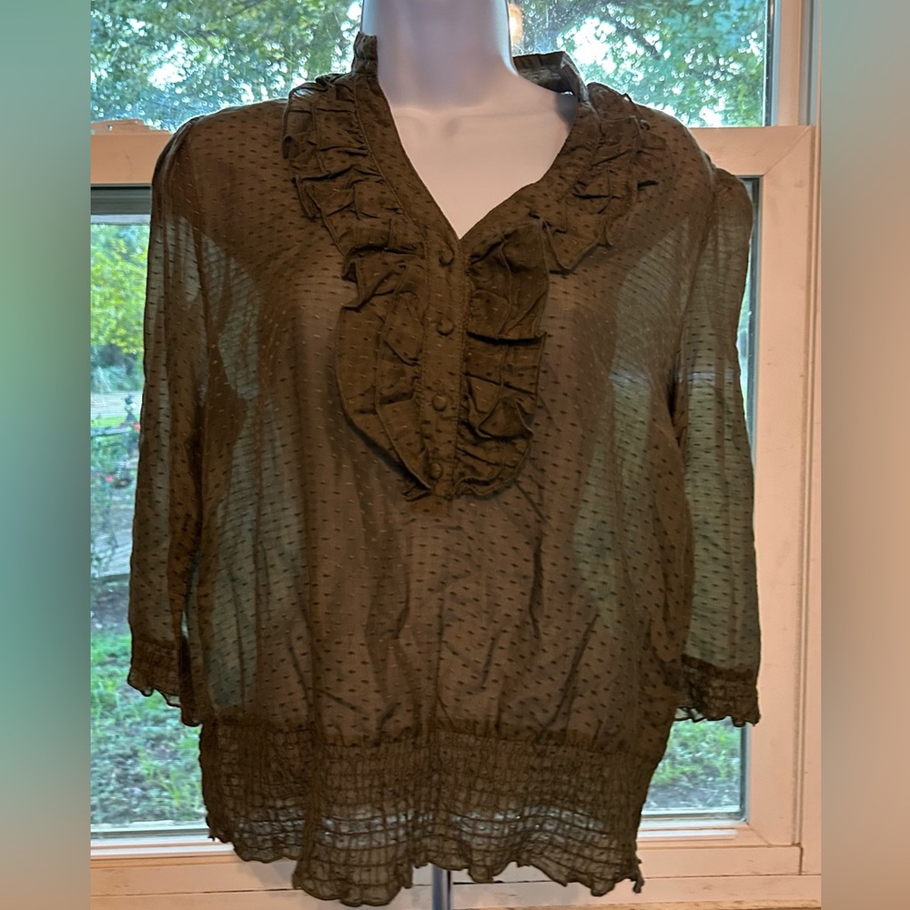 Moon Collection Sheer Swiss Dot Peasant Top | Color: Olive | Size: L |